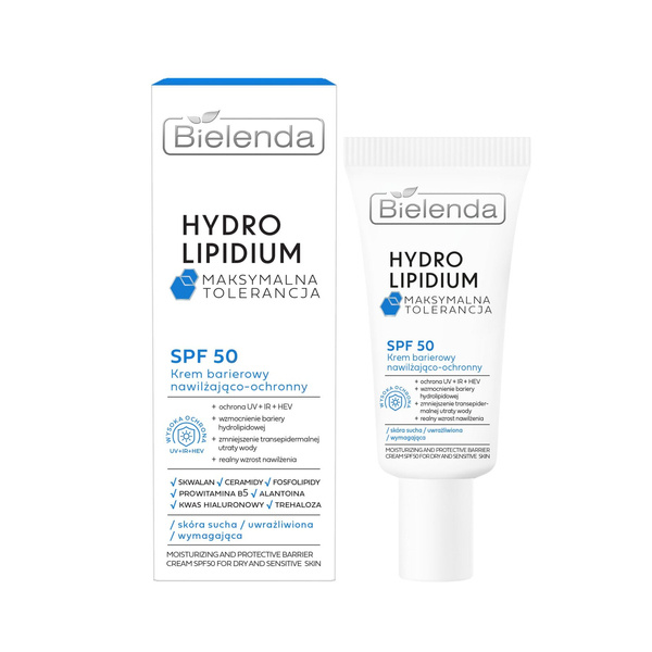 Bielenda Hydro Lipidium Maksymalna Tolerancja Krem Barierowy SPF50 Nawilżająco-Ochronny 30ml