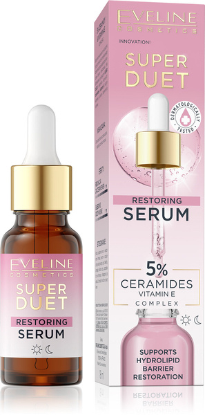 Eveline Super Duet Restoring Regenerujące Serum 5% Ceramidy i Kompleks Witaminy E dla Skóry Odwodnionej i Suchej na Dzień i na Noc 18ml